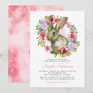 Cute Easter Bunny Rabbit Pink Floral Baby Shower Invitation