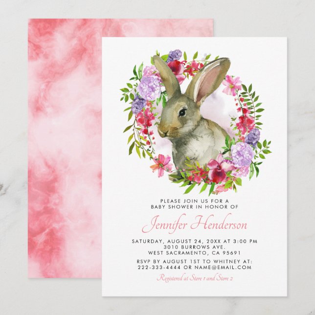 Cute Easter Bunny Rabbit Pink Floral Baby Shower Invitation (Front/Back)