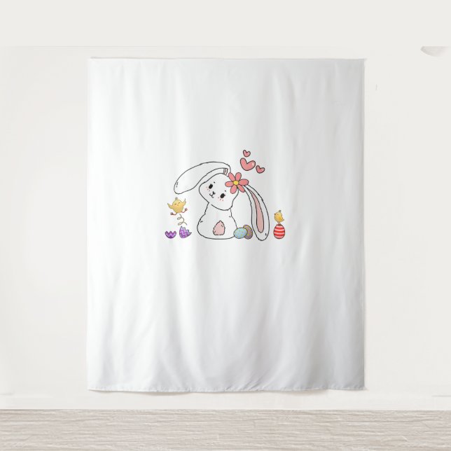 Cute Easter Bunny Rabbit with Eggs Baby Chicks Hap Tapestry (Front)