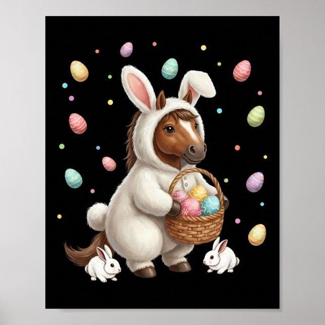 Cute Easter Bunny Rabbit With Eggs Whimsical Horse Poster (Front)