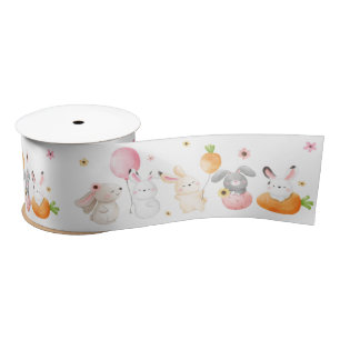 Cute Easter Bunny Rabbits Spring Flowers Carrots Satin Ribbon