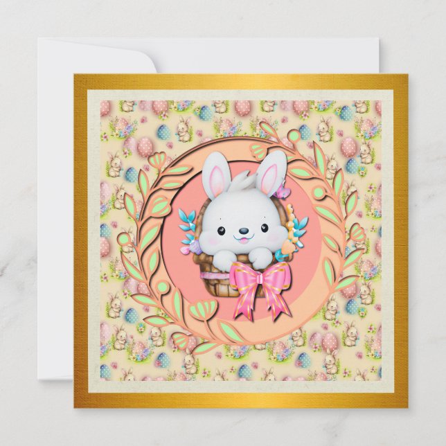 Cute Easter Bunny Sitting in The Basket Invitation (Front)