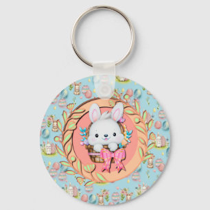 Cute Easter Bunny Sitting in The Basket Key Ring