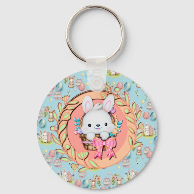 Cute Easter Bunny Sitting in The Basket Key Ring (Front)
