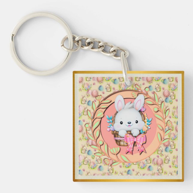 Cute Easter Bunny Sitting in The Basket Key Ring (Front)