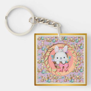 Cute Easter Bunny Sitting in The Basket Key Ring