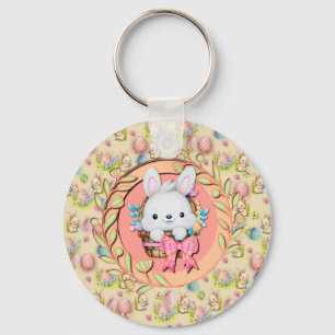 Cute Easter Bunny Sitting in The Basket Key Ring