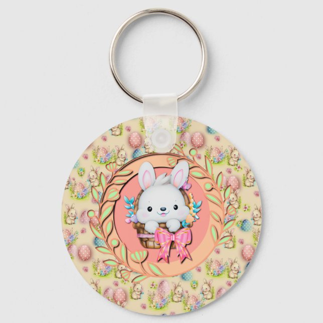 Cute Easter Bunny Sitting in The Basket Key Ring (Front)