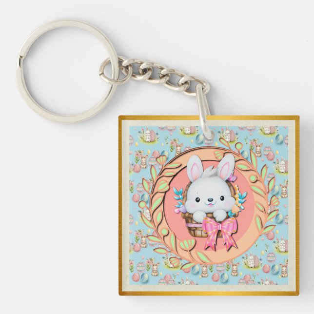 Cute Easter Bunny Sitting in The Basket Key Ring (Front)
