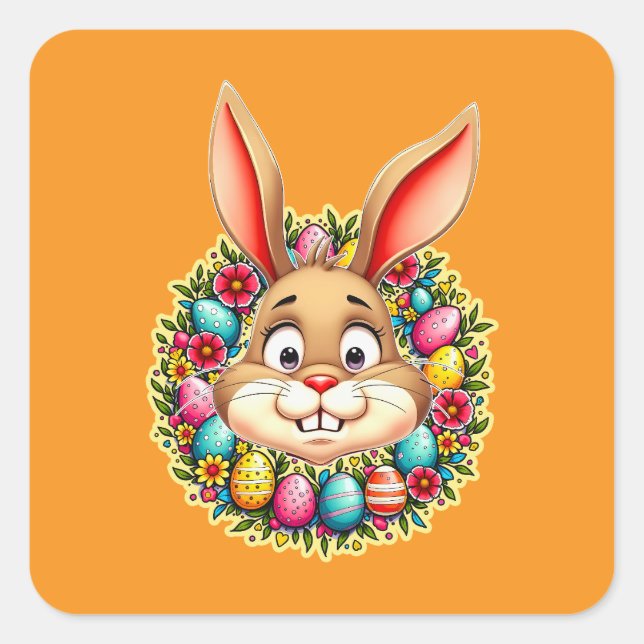 Cute Easter Bunny – Spring Flowers Autocolante Square Sticker (Front)