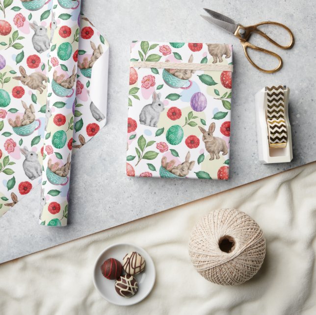 Cute Easter Bunny & Spring Flowers Wrapping Paper (Crafts)