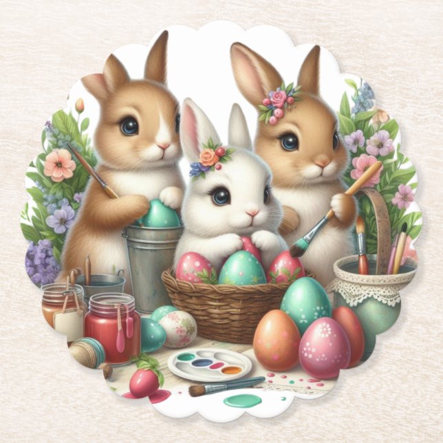 Cute, Easter Bunny/Spring paint party Paper Coaster (Front)