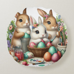 Cute, Easter Bunny/Spring paint party Round Cushion