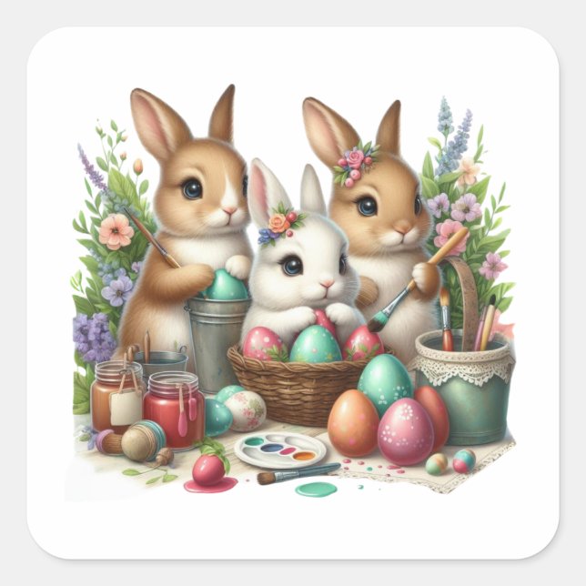 Cute, Easter Bunny/Spring paint party Square Sticker (Front)