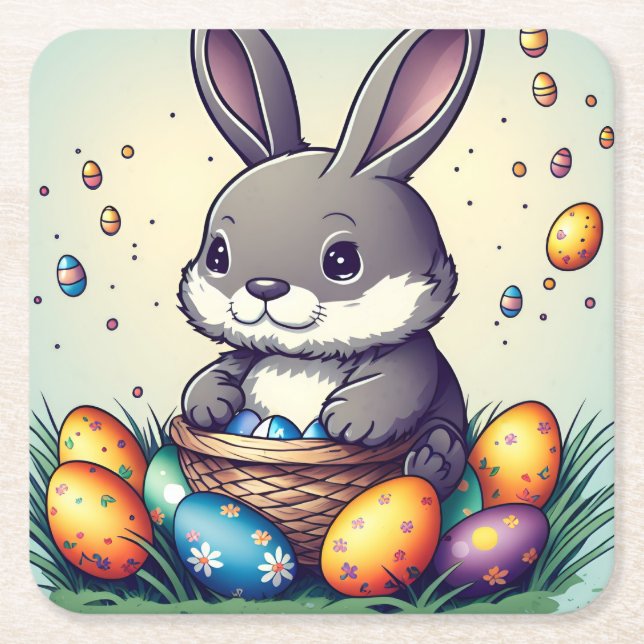 Cute Easter Bunny Square Paper Coaster (Front)