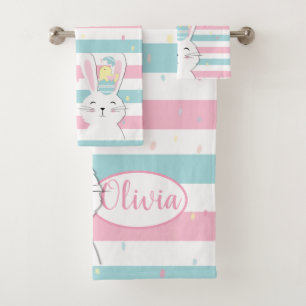Cute Easter bunny striped background Bath Towel Set