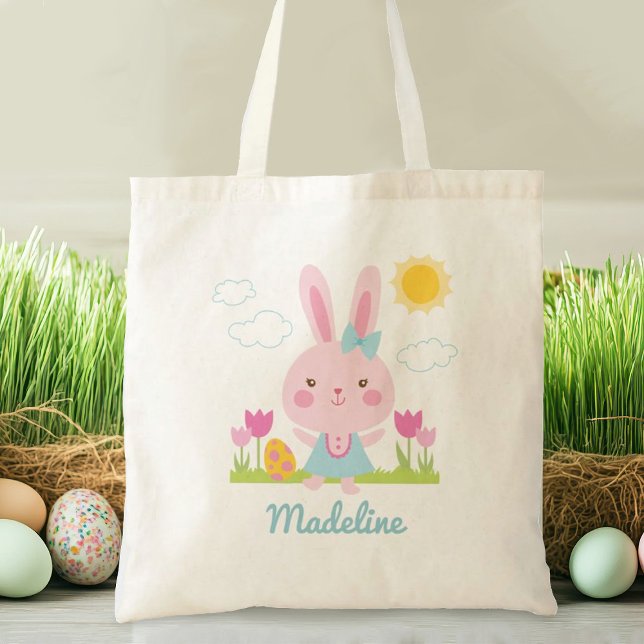 Cute Easter Bunny Tote bag (Personalize this cute pink Easter bunny tote bag with your name. Great gift for an Easter egg hunt.)
