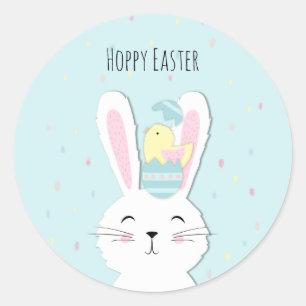 Cute Easter bunny turquoise background Classic Round Sticker