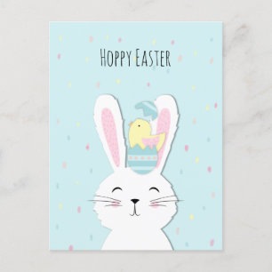 Cute Easter bunny turquoise background Holiday Postcard