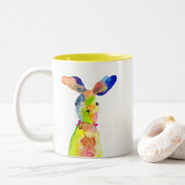 Cute Easter bunny  Two-Tone Coffee Mug (With Donut)