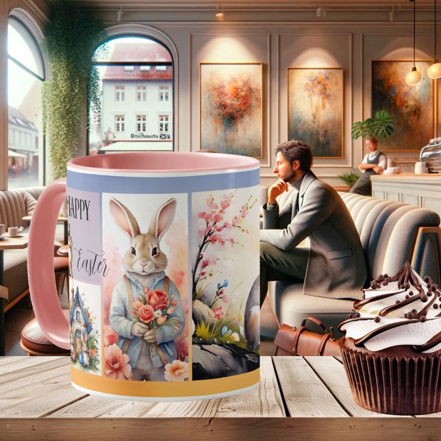 Cute Easter Bunny Watercolor or Photo  Coffee Mug (Cute girly Easter mug with your photos - or watercolor images of bunnies - on a pastel design)