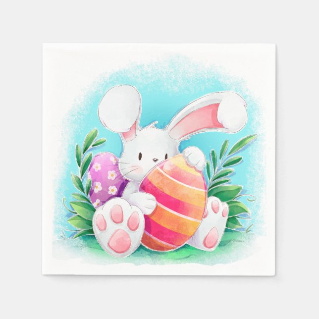 Cute Easter Bunny Watercolor | Paper Napkin (Front)