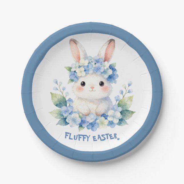 Cute Easter Bunny Watercolor with Hydrangea Paper Plate (Front)