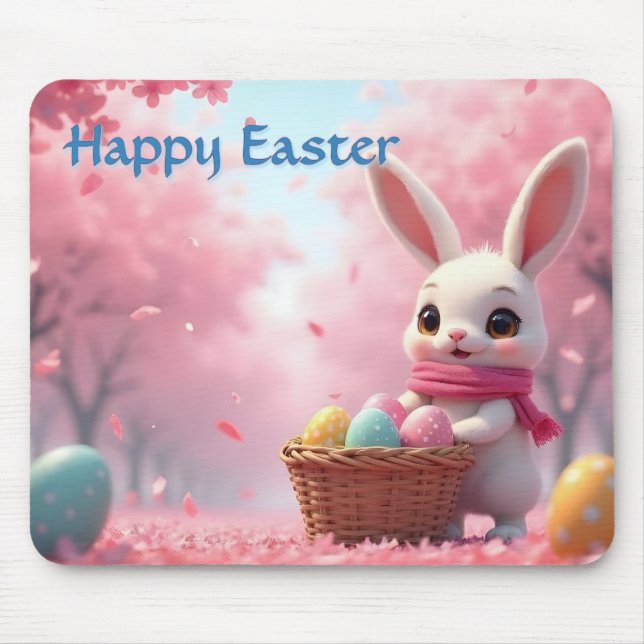 Cute Easter Bunny with Basket of Colourful Eggs Mouse Mat (Front)