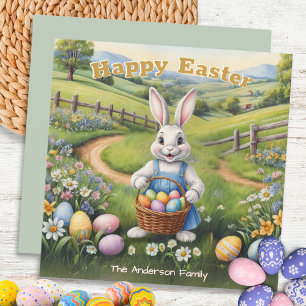 Cute Easter Bunny with Basket of Eggs Holiday Card