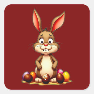 Cute Easter Bunny with Chocolate Eggs Autocolante Square Sticker