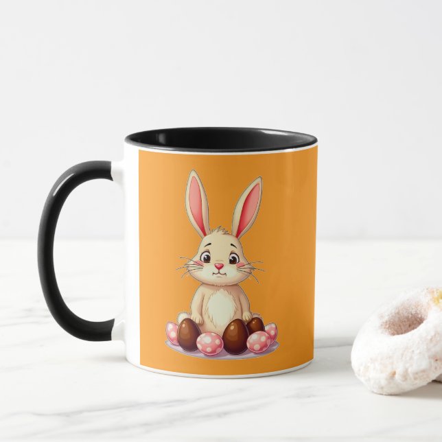 Cute Easter Bunny with Chocolate Eggs caneca Mug (With Donut)