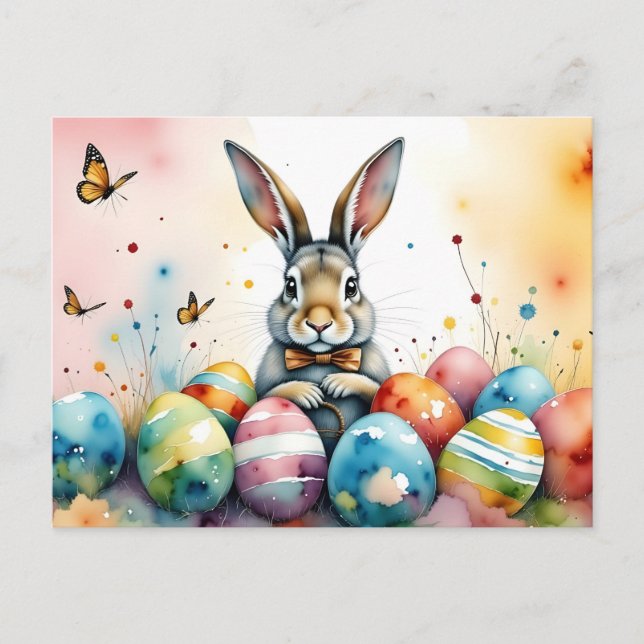 Cute Easter Bunny with Colorful Painted Eggs Postcard (Front)
