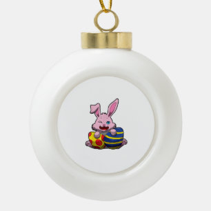 Cute Easter Bunny with Coloured Eggs - Happy Easte Ceramic Ball Christmas Ornament