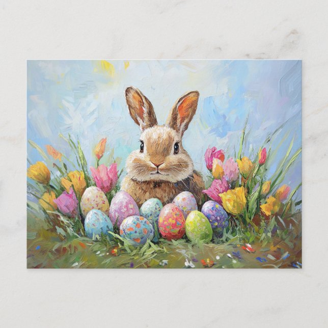Cute Easter Bunny with Coloured Eggs Postcard (Front)
