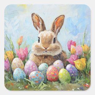 Cute Easter Bunny with Coloured Eggs Square Sticker