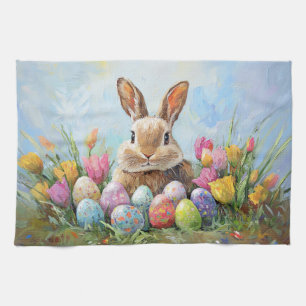 Cute Easter Bunny with Coloured Eggs Tea Towel