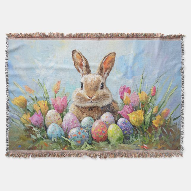 Cute Easter Bunny with Coloured Eggs Throw Blanket (Front)