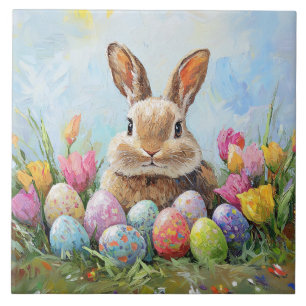 Cute Easter Bunny with Coloured Eggs Tile