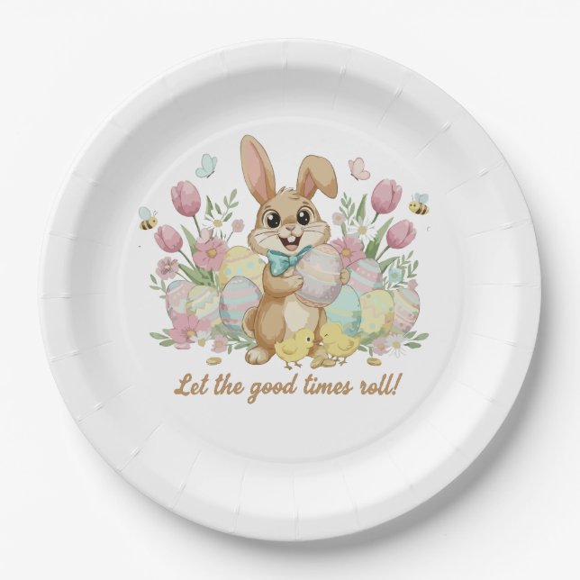 Cute Easter Bunny with Colourful Eggs and Spring  Paper Plate (Front)