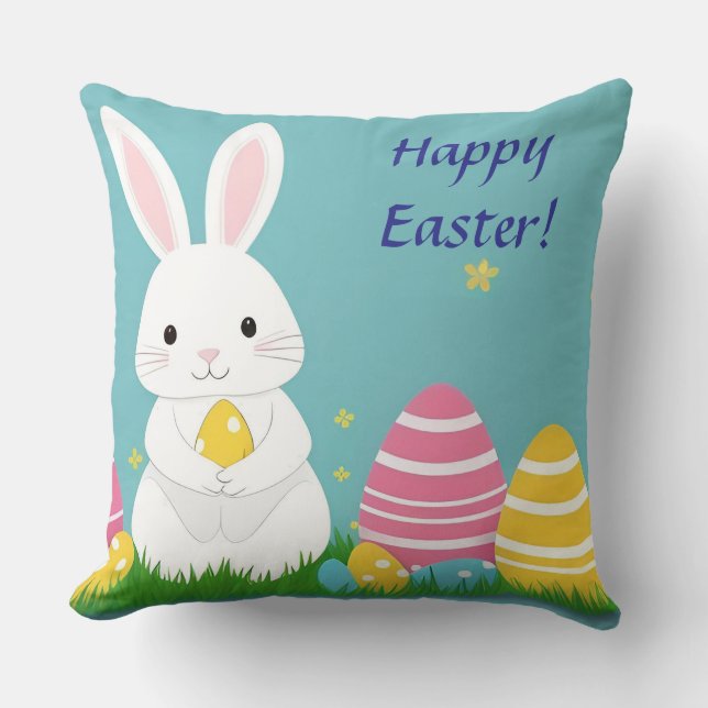 Cute Easter Bunny with Colourful Eggs Cushion (Front)