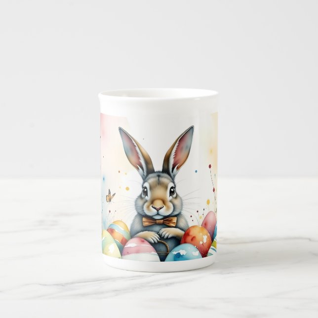 Cute Easter Bunny with Colourful Painted Eggs Bone China Mug (Front)