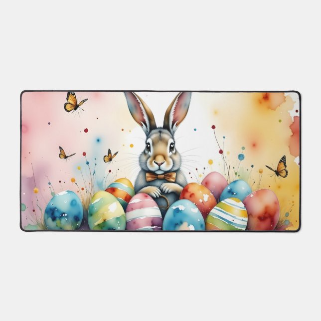 Cute Easter Bunny with Colourful Painted Eggs Desk Mat (Front)