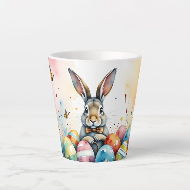 Cute Easter Bunny with Colourful Painted Eggs Latte Mug (Front)
