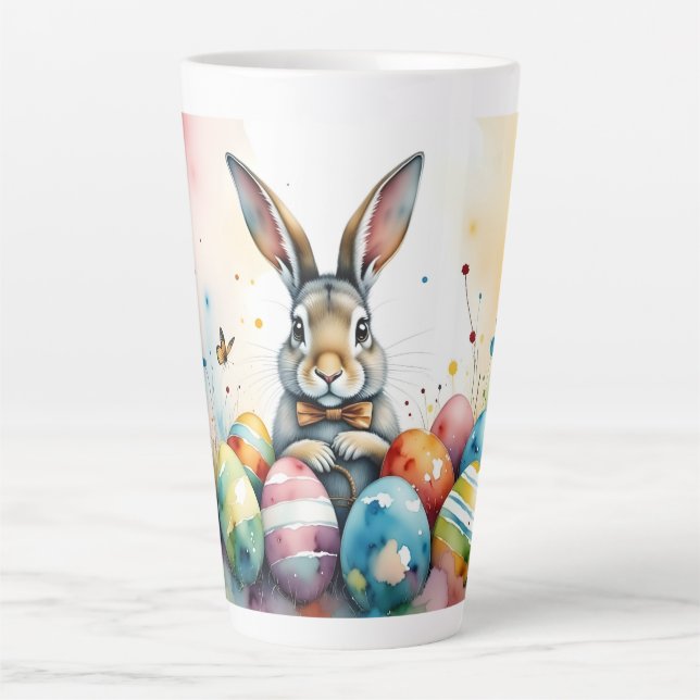 Cute Easter Bunny with Colourful Painted Eggs Latte Mug (Front)