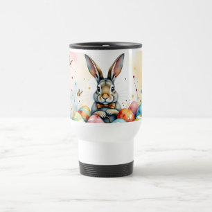 Cute Easter Bunny with Colourful Painted Eggs Travel Mug
