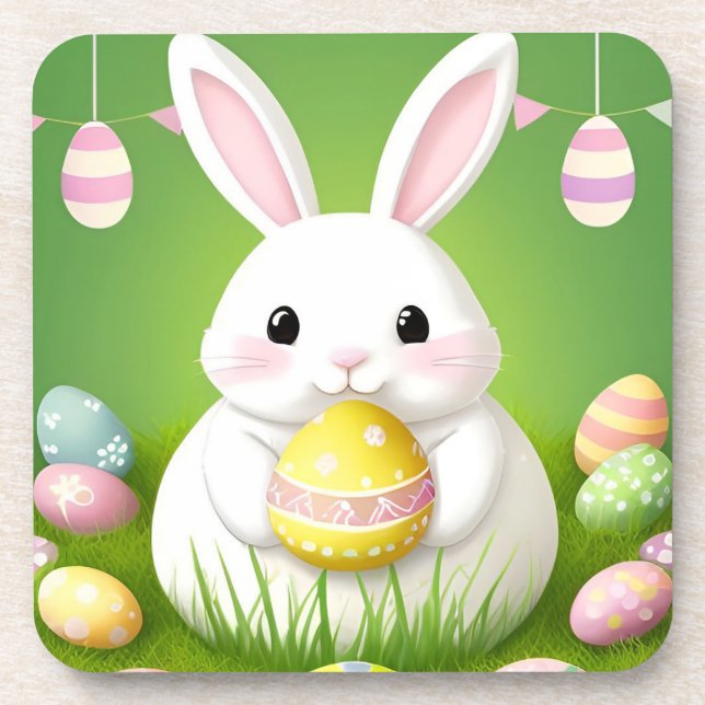 Cute Easter Bunny With Decorative Eggs Coaster (Front)