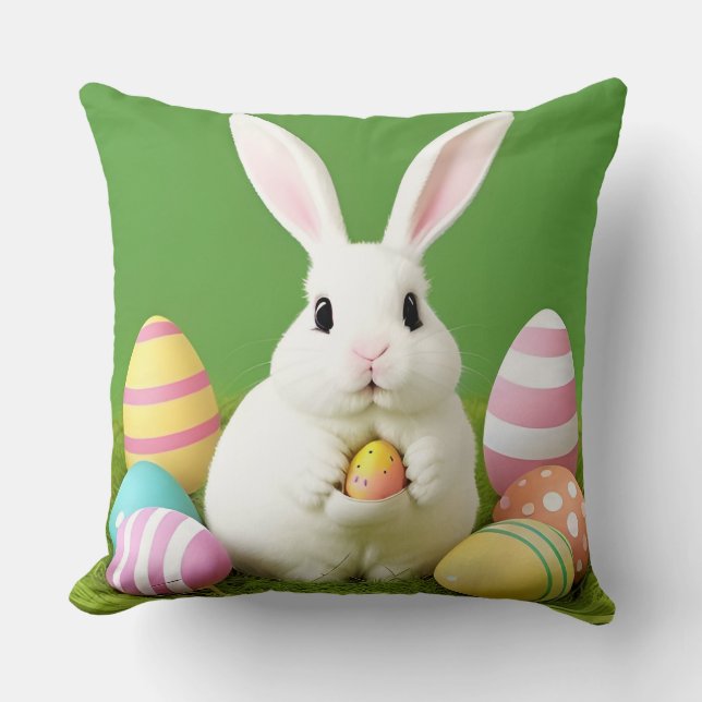 Cute Easter Bunny With Decorative Eggs Cushion (Front)