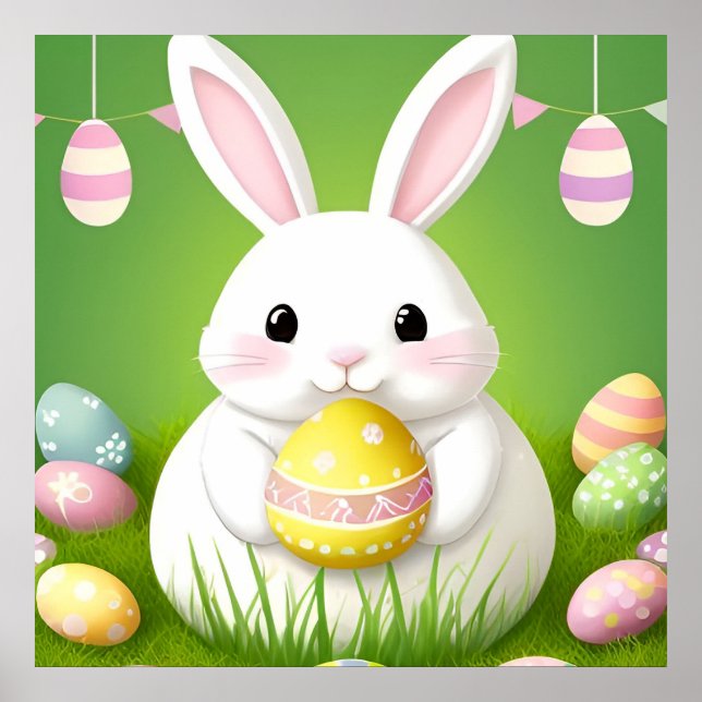 Cute Easter Bunny With Decorative Eggs Poster (Front)