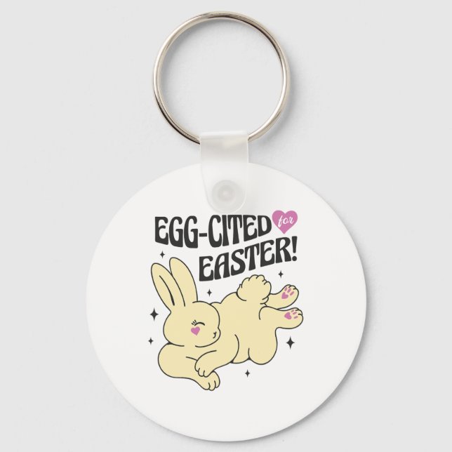 Cute Easter Bunny With Egg-cited Quote  Key Ring (Front)