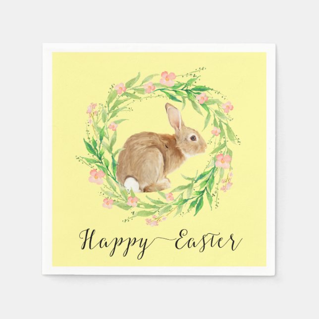 Cute Easter Bunny with Floral Wreath Napkin (Front)